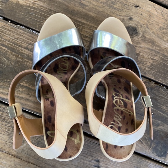 Sam Edelman Yelena Silver & Tan Leather Strappy Block Heels - Picture 6 of 14